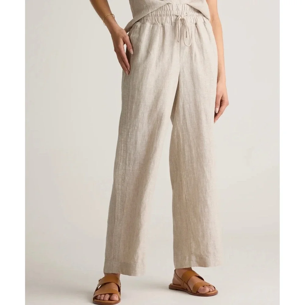 Quince 100% European Linen Wide Leg Pants Flax Beige Large Drawstring Trouser